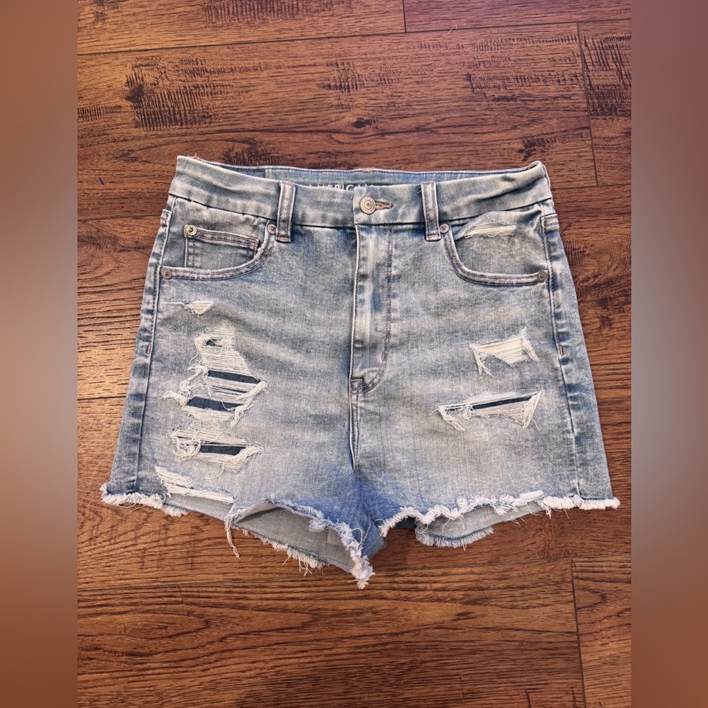 American Eagle Next Level Stretch Blue Jean Shorts Raw Hem Distressed Size 8